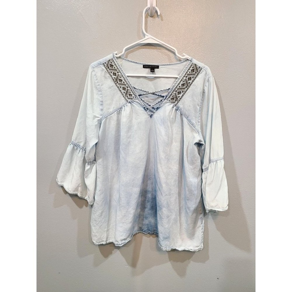 Signature Studio Blouse Women's L Light Chambray Blue Space Dye Boho 100% Tinsel
